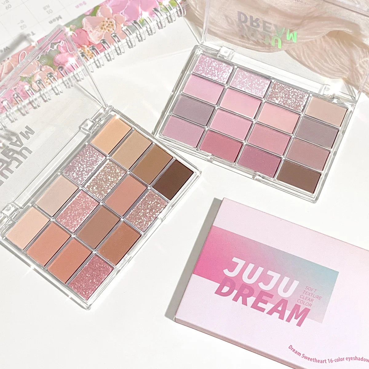 JUJU DREAM 16-Color Earth Tone Eyeshadow Matte &amp; Shimmer Palette, Lying Silkworm Brightener for Soft Daily Makeup