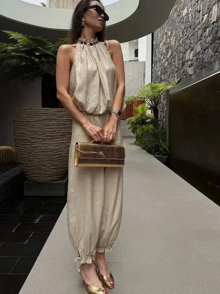 Beaded Halter Neck Bubble Top &amp; High Waist Wide Leg Pants Set 2026 Summer Casual Resort Linen Blend Office Daily Outfit by Dropshipman