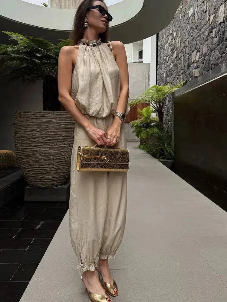 Beaded halter neck bubble top with high waist wide-leg linen blend pants, casual summer resort outfit by SHOPEZRA L.L.C.