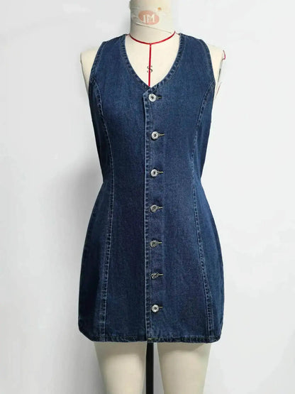 Denim Dress Women Mid Length Dresses Vest Vestidos Y2k Streetwear Elegant Splice Party Night Work V Neck Sleeveless Tight Waist by Dropshipman