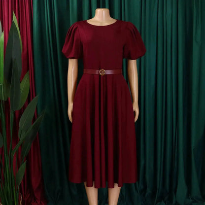 Elegant Office Dress for Women Professional O Neck Short Sleeve Belt Waisted A Line Mid Calf Formal Business Work Dress Midi New by Dropshipman