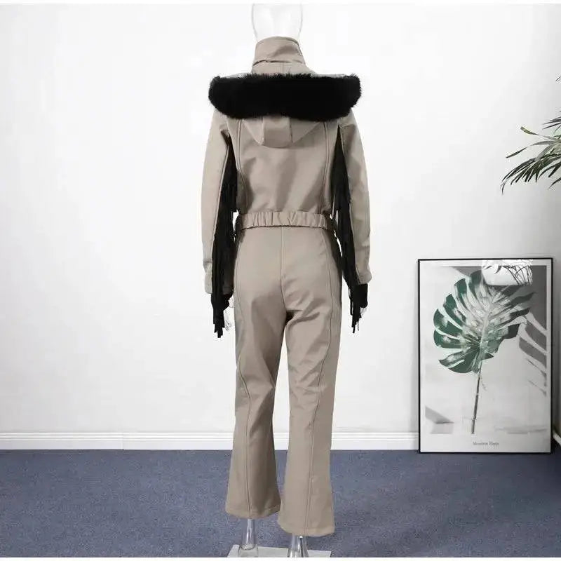 Women Fur Collar Hooded Skiwear Fashion Solid Thicken Zipper High Waist Slim Outdoor Overalls Jumpsuit Lady Winter Outwear by Dropshipman