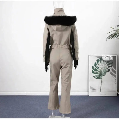Women Fur Collar Hooded Skiwear Fashion Solid Thicken Zipper High Waist Slim Outdoor Overalls Jumpsuit Lady Winter Outwear by Dropshipman