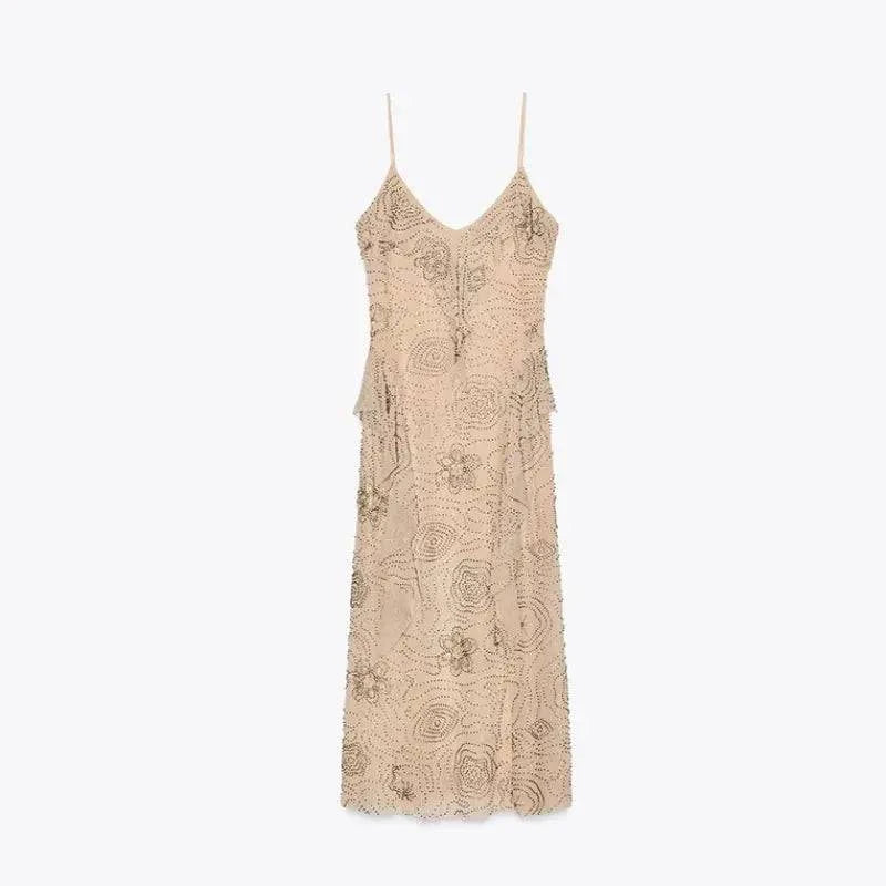 Sleeveless backless women's evening dress with bead embroidery, sequin ruffles, perfect for summer parties and holiday events.