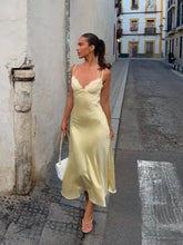 Satin Sexy Lace Spliced Maix Sling Dress Women Sleeveless Backless Yellow Vacation Vestidos 2026 Fashion Summer Lady Dresses﻿ SHOPEZRA L.L.C.