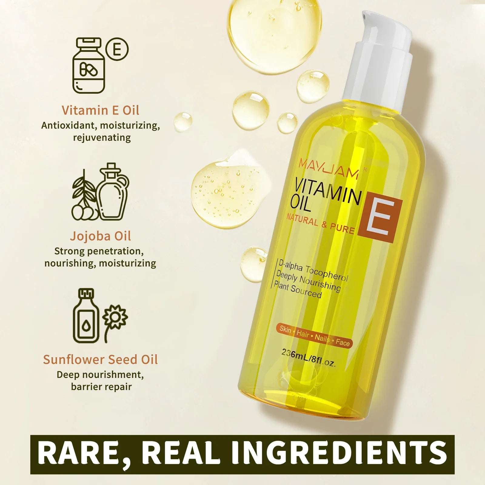 MAYJAM Natural &amp; Pure Vitamin E Oil Skincare Moisturizing Brighten Skin Tone 118ml 236ml Face Care Oil