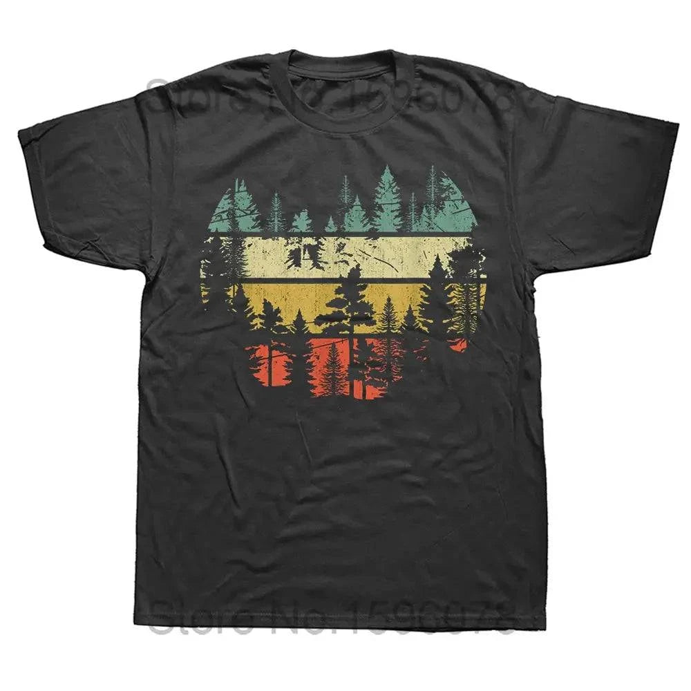 Wildlife Trees Outdoors Nature retro forest T-shirt featuring mountains, birds, and hiking scenes, ideal for camping and birdwatching.