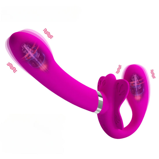 Trägerloser Umschnalldildo Vibratoren für Frauen Doppelköpfiger Vibrationspenis Lesbische Erotikspielzeuge für Erwachsene Sexspielzeuge für Paare