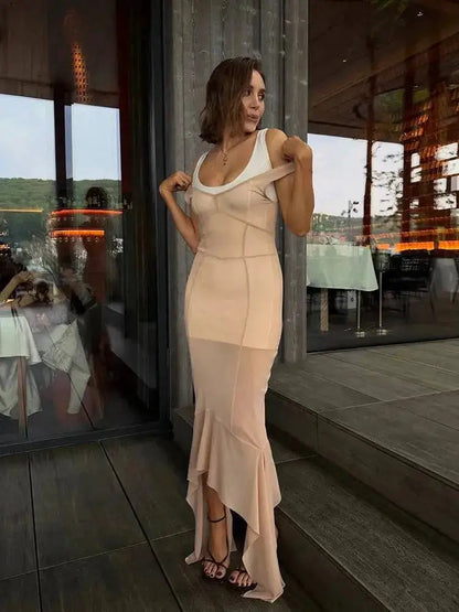 Mesh Overlay Lace Hem Slip Midi Dress Slim Spaghetti Strap Sheer 2026 Summer Elegant Women Bodycon Dress Retro Date Lady Gown by Dropshipman