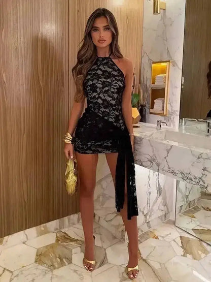 Townlike Ribbon Lace Slim Bodycon Dress Women Halter Mini 2025 Summer Dress Backless Nightclub Sexy Party Dresses by Dropshipman