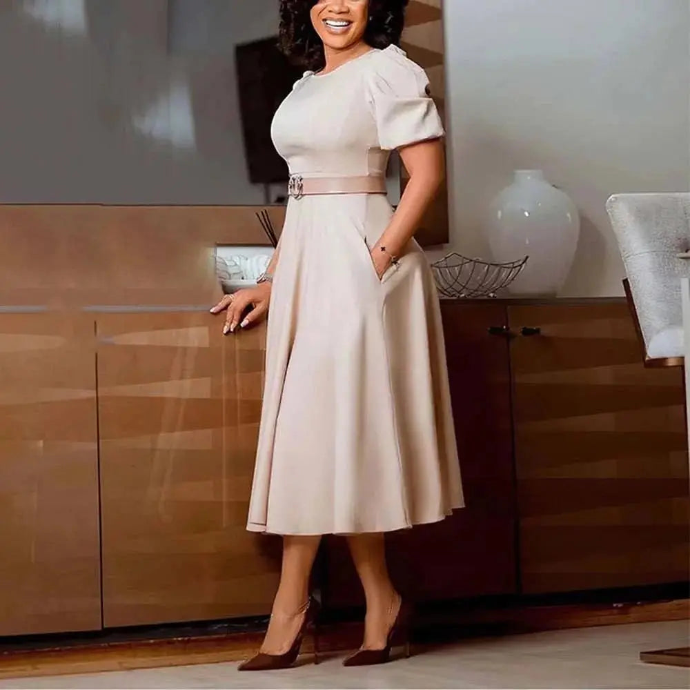 Elegant SHOPEZRA L.L.C. women's office dress with O-neck, short sleeves, belt, A-line midi design for professional business wear