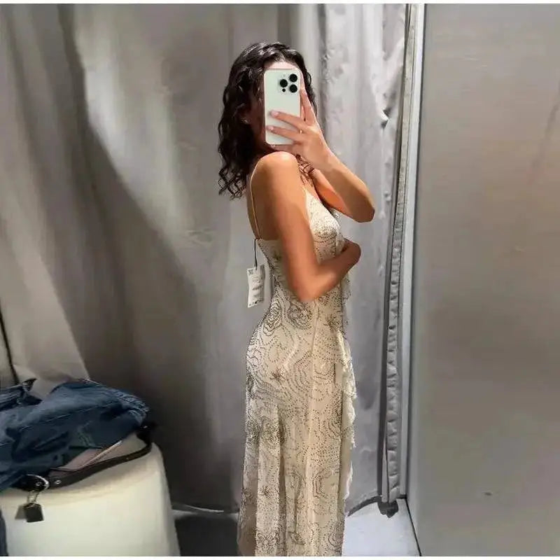 Bead Embroidery Sequin Ruffle Women Dress Sleeveless Backless Strap Sexy Evening Dresses 2025 Summer Party Holiday Street Robe by Dropshipman