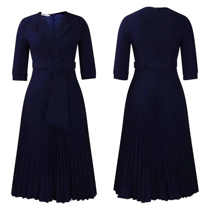 Elegant Office Ladies Dresses 2024 Autumn Fall Notched Collar Half Sleeve Belt Waisted Mid Calf Female Birthday Party Dress Midi by Dropshipman