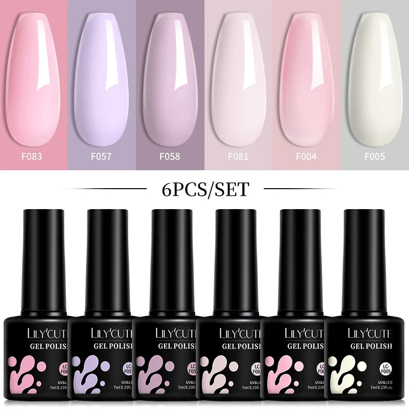 LILYCUTE 6Pcs 7ML Gel DIY Nails Polish Set Bright Pink Nail Charms Soak Off UV LED Gel Varnish Nail Art Design Accessories