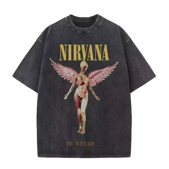 Nirvana Rockband Herren Retro Baumwoll-T-Shirt gewaschen In Utero Album Herren Damen Oversize Y2K Distressed T-Shirt Lässig Locker Streetwear