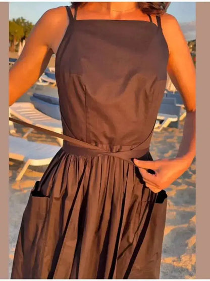 2026 Elegant Solid Lace Up Pleated Dress Women Chic Square Neck Sleeveless High Waist Spaghetti Strap Gowns Lady Daily Date Wear by Dropshipman