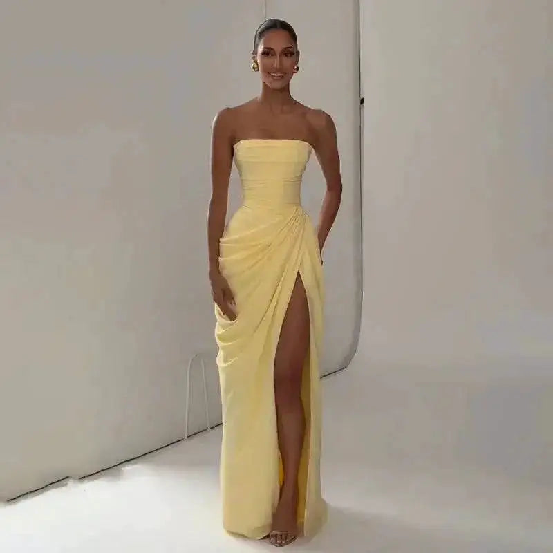 Elegant Solid Strapless Pleated Dress Women Chic Sleeveless Waist Cinching Split Maxi Vestidos 2026 Lady Evening Party Dresses by Dropshipman
