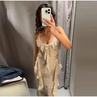 Bead Embroidery Sequin Ruffle Women Dress Sleeveless Backless Strap Sexy Evening Dresses 2025 Summer Party Holiday Street Robe by Dropshipman