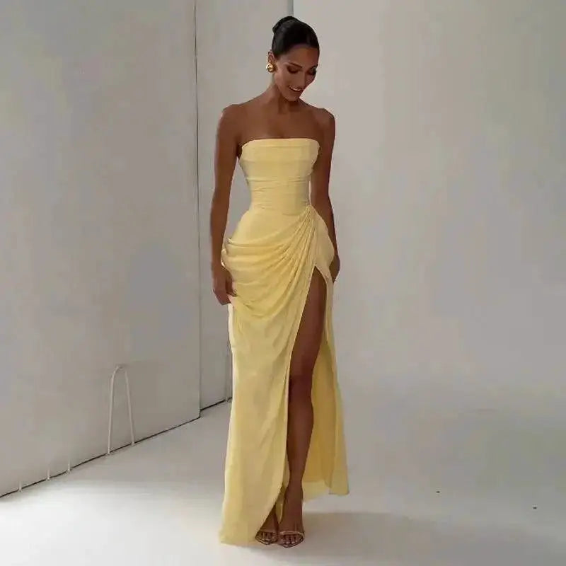 Elegant Solid Strapless Pleated Dress Women Chic Sleeveless Waist Cinching Split Maxi Vestidos 2026 Lady Evening Party Dresses by Dropshipman