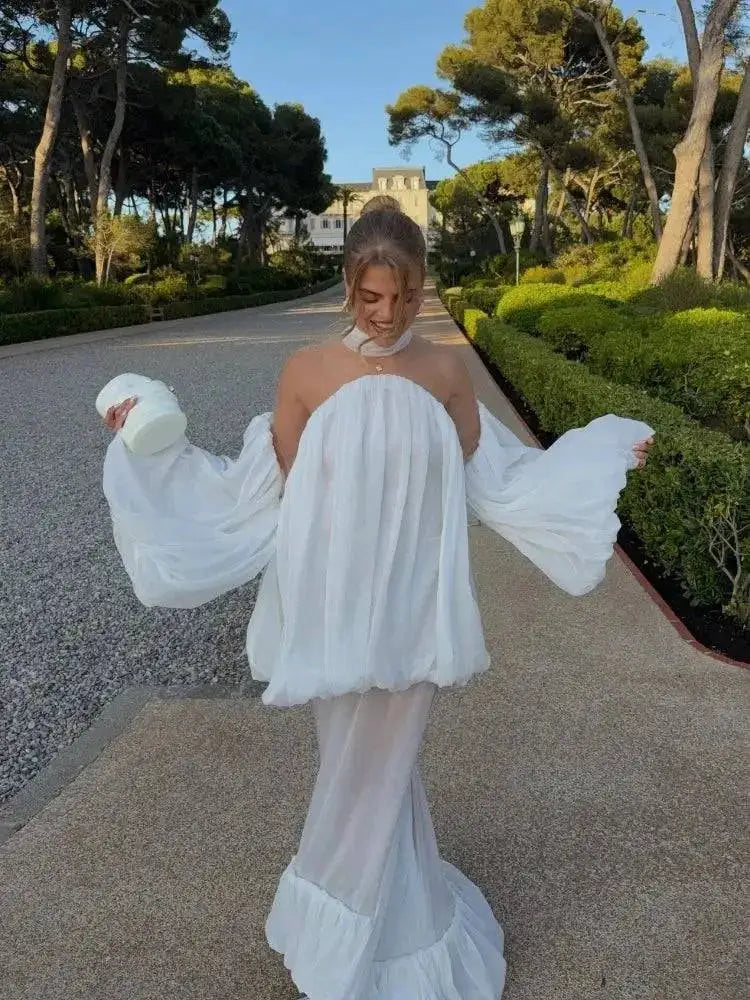 Trendy White Chiffon Off-shoulder Halter Maxi Dress Suit Chic Sheer Mesh Long Sleeve Flowy Vestidos 2026 New Formal Evening Gown by Dropshipman