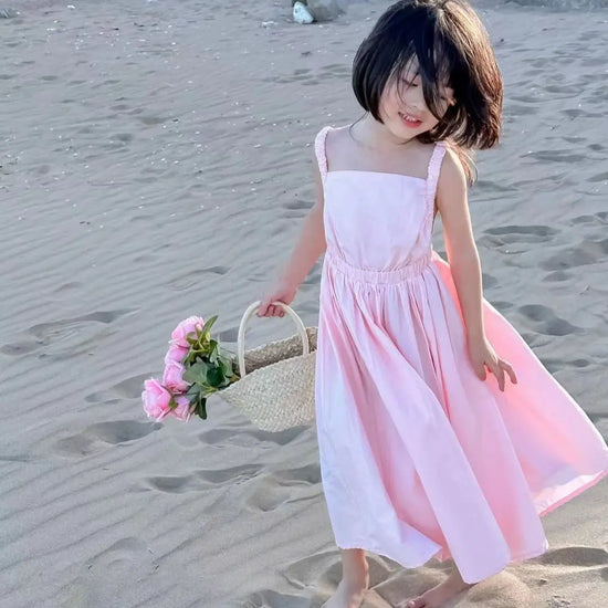 Mädchenkleid Frisch Rosa Trägerkleid Prinzessinnenkleid Sommer Modekleid Einfaches Personalisiertes Einfarbiges Kleid Kinderkleidung