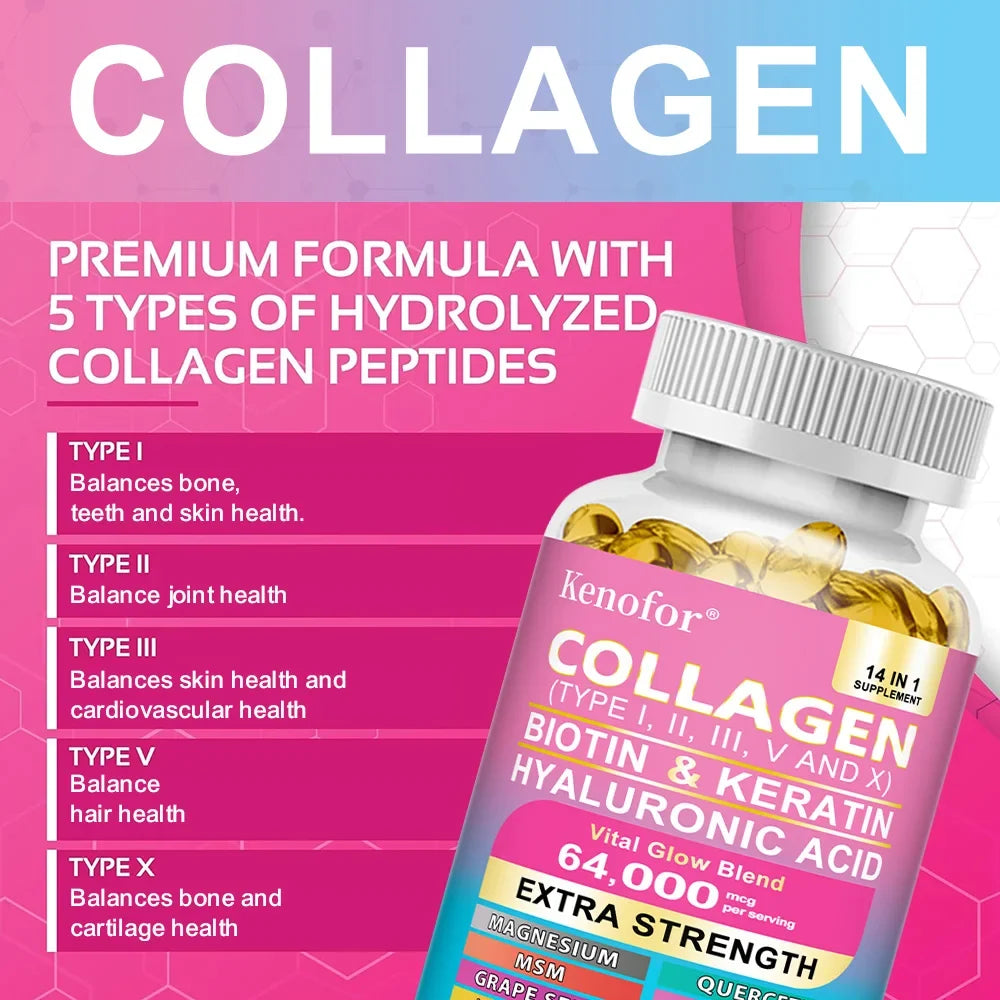 14 IN 1 Collagen Capsules - Biotin &amp; Keratin Skin Care Product Booster Anti Aging Whitening Skin Nail and Hair Care Supplement