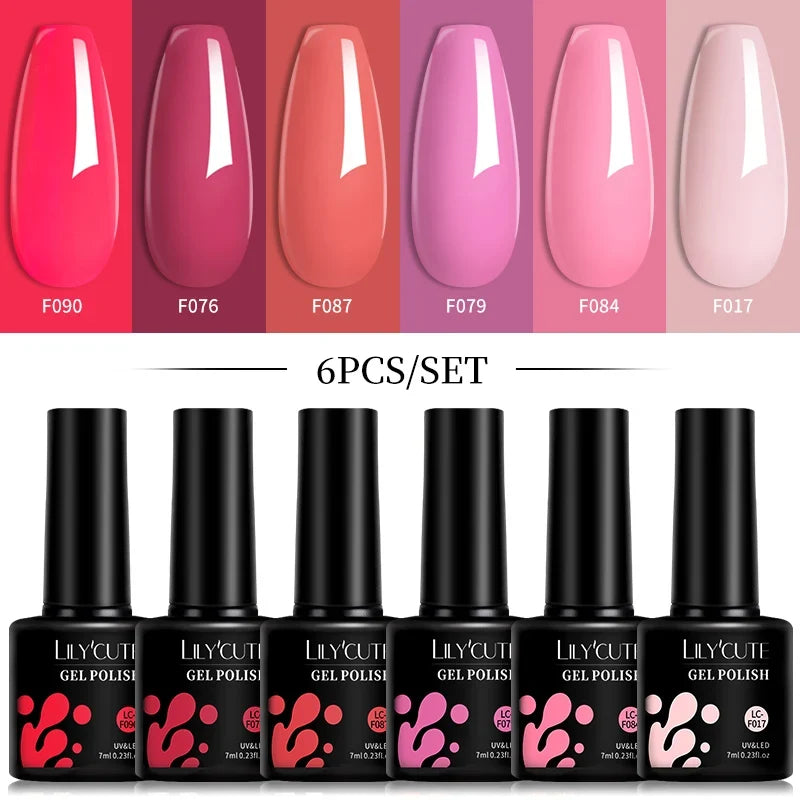 LILYCUTE 6Pcs 7ML Gel DIY Nails Polish Set Bright Pink Nail Charms Soak Off UV LED Gel Varnish Nail Art Design Accessories