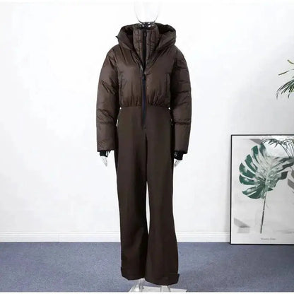 Women Fur Collar Hooded Skiwear Fashion Solid Thicken Zipper High Waist Slim Outdoor Overalls Jumpsuit Lady Winter Outwear by Dropshipman