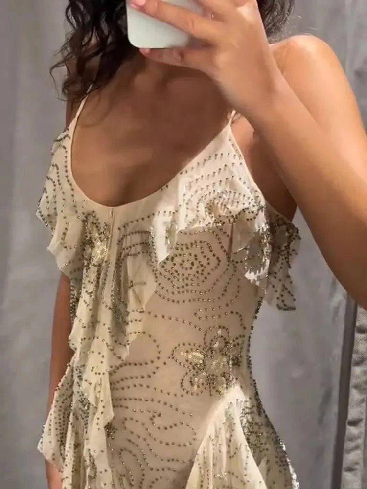 Bead embroidery sequin ruffle sleeveless backless women’s dress by SHOPEZRA, perfect for summer parties and evening events.
