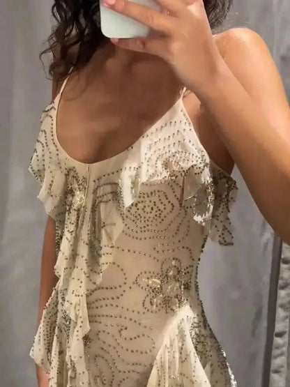 Bead Embroidery Sequin Ruffle Women Dress Sleeveless Backless Strap Sexy Evening Dresses 2025 Summer Party Holiday Street Robe by Dropshipman
