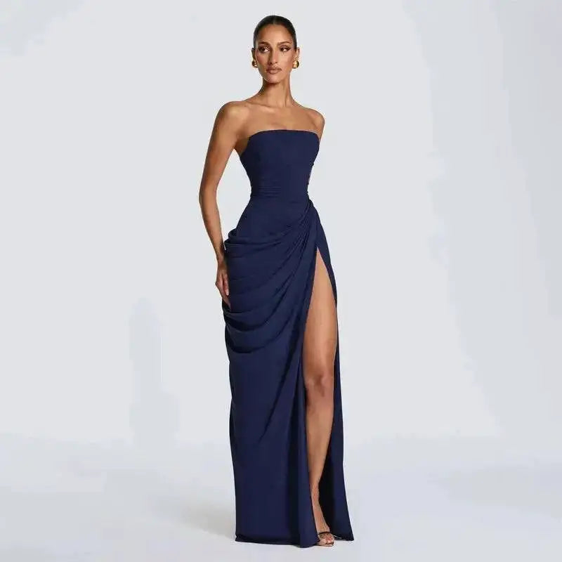 Elegant Solid Strapless Pleated Dress Women Chic Sleeveless Waist Cinching Split Maxi Vestidos 2026 Lady Evening Party Dresses by Dropshipman