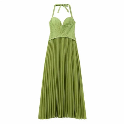 Green Fishbone Corset Halter Maxi Dress Women Sleeveless Backless Pleated Patchwork Slim Dresses Lady Solid Party Evening Gown by Dropshipman