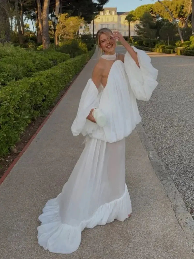 Trendy White Chiffon Off-shoulder Halter Maxi Dress Suit Chic Sheer Mesh Long Sleeve Flowy Vestidos 2026 New Formal Evening Gown SHOPEZRA L.L.C.