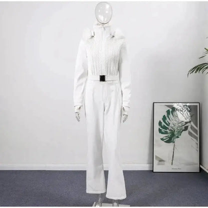 Women Fur Collar Hooded Skiwear Fashion Solid Thicken Zipper High Waist Slim Outdoor Overalls Jumpsuit Lady Winter Outwear by Dropshipman