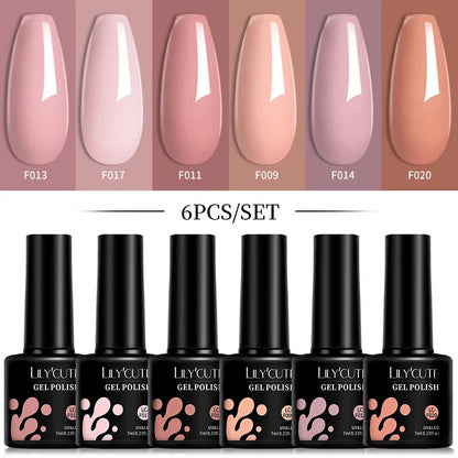 LILYCUTE 6Pcs 7ML Gel DIY Nails Polish Set Bright Pink Nail Charms Soak Off UV LED Gel Varnish Nail Art Design Accessories