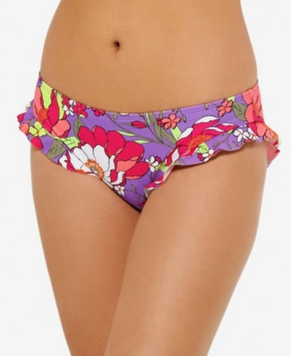 Hula Honey Purple Multi Impressionist Ruffled Bikini Swim Bottoms, Us Small