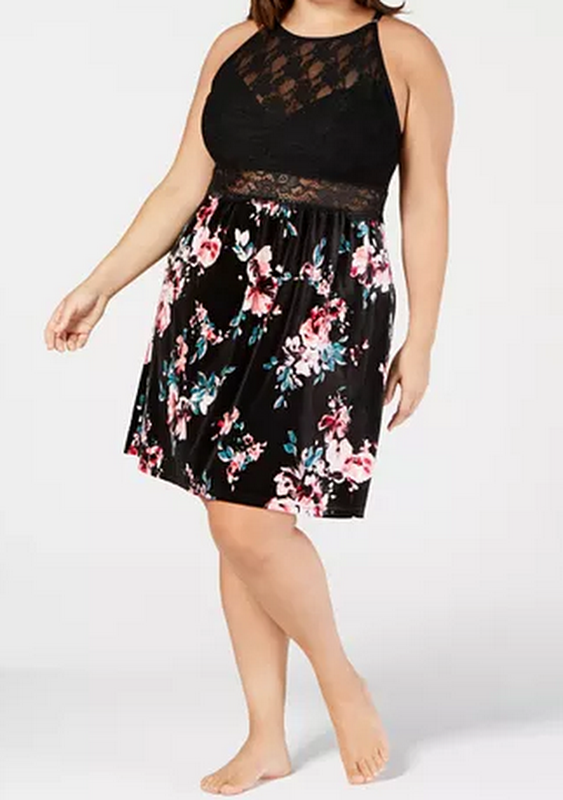 I.N.C. Plus Size Printed Velvet &amp; Lace Chemise Nightgown