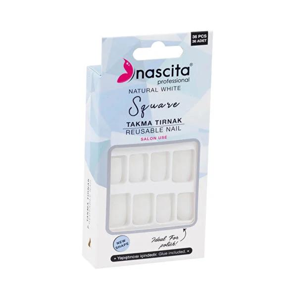 Nascita Natural White Square Artificial Nails - 36 Ready-to-Wear Fake Nails for Quick Home Manicure &amp; Salon Quality Look