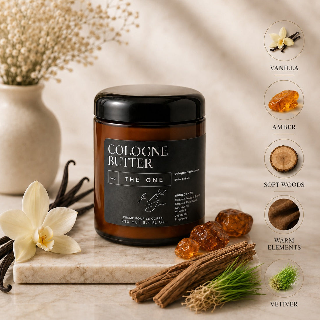 THE ONE – Luxury Fragrance Body Butter | Cedarwood, Vetiver &amp; Warm Floral Cologne Scent Moisturizing Skin Butter | Cologne Butter