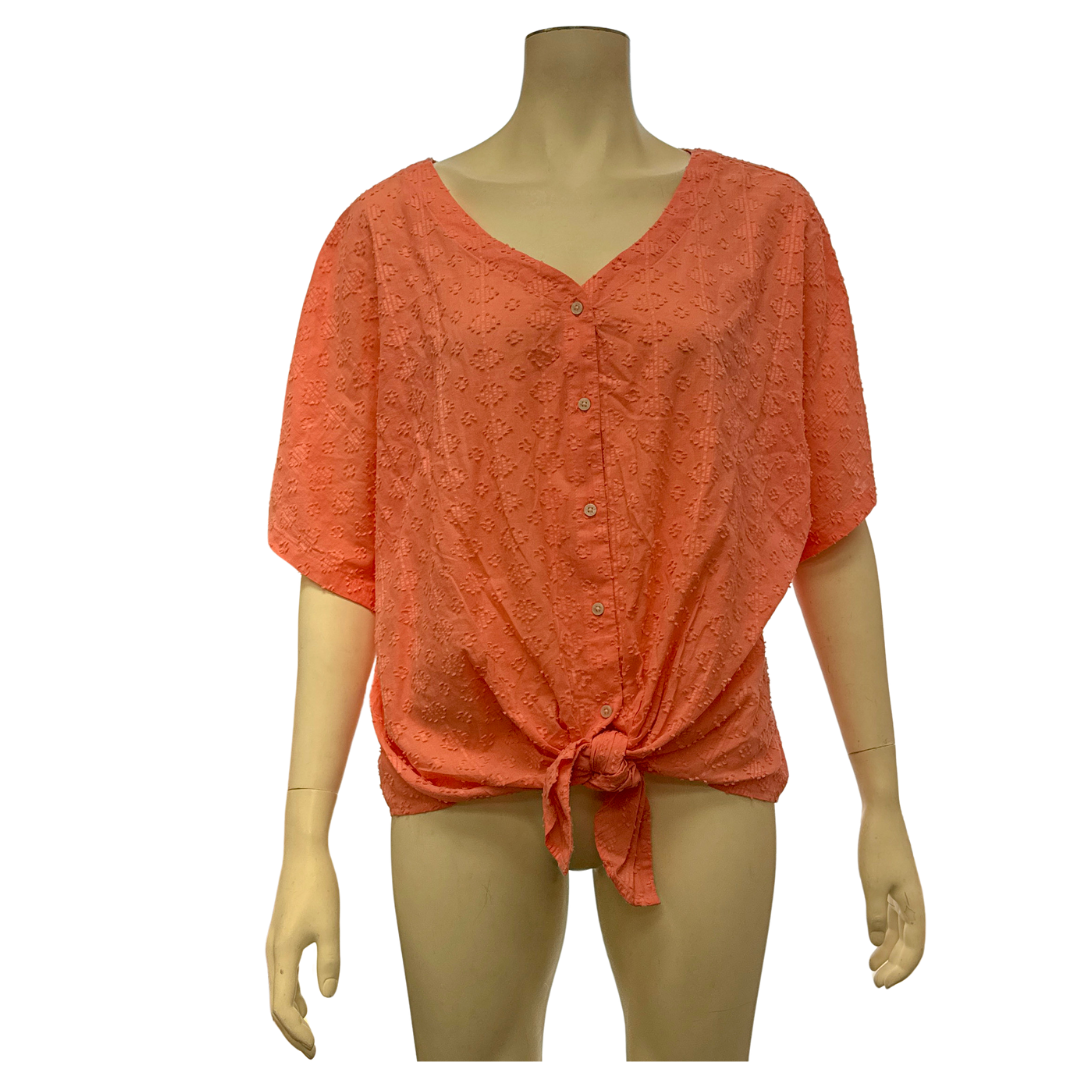 Style &amp; Co Cotton Textured Tie-Front Top-Coral/Size XXL