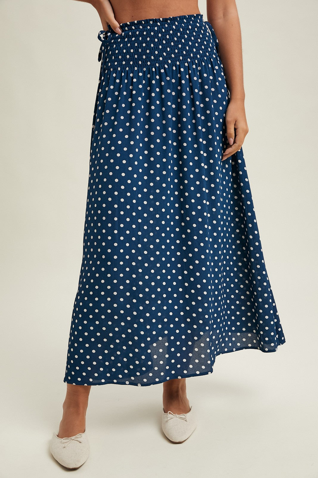 Polka Dot Midi Skirt: Navy