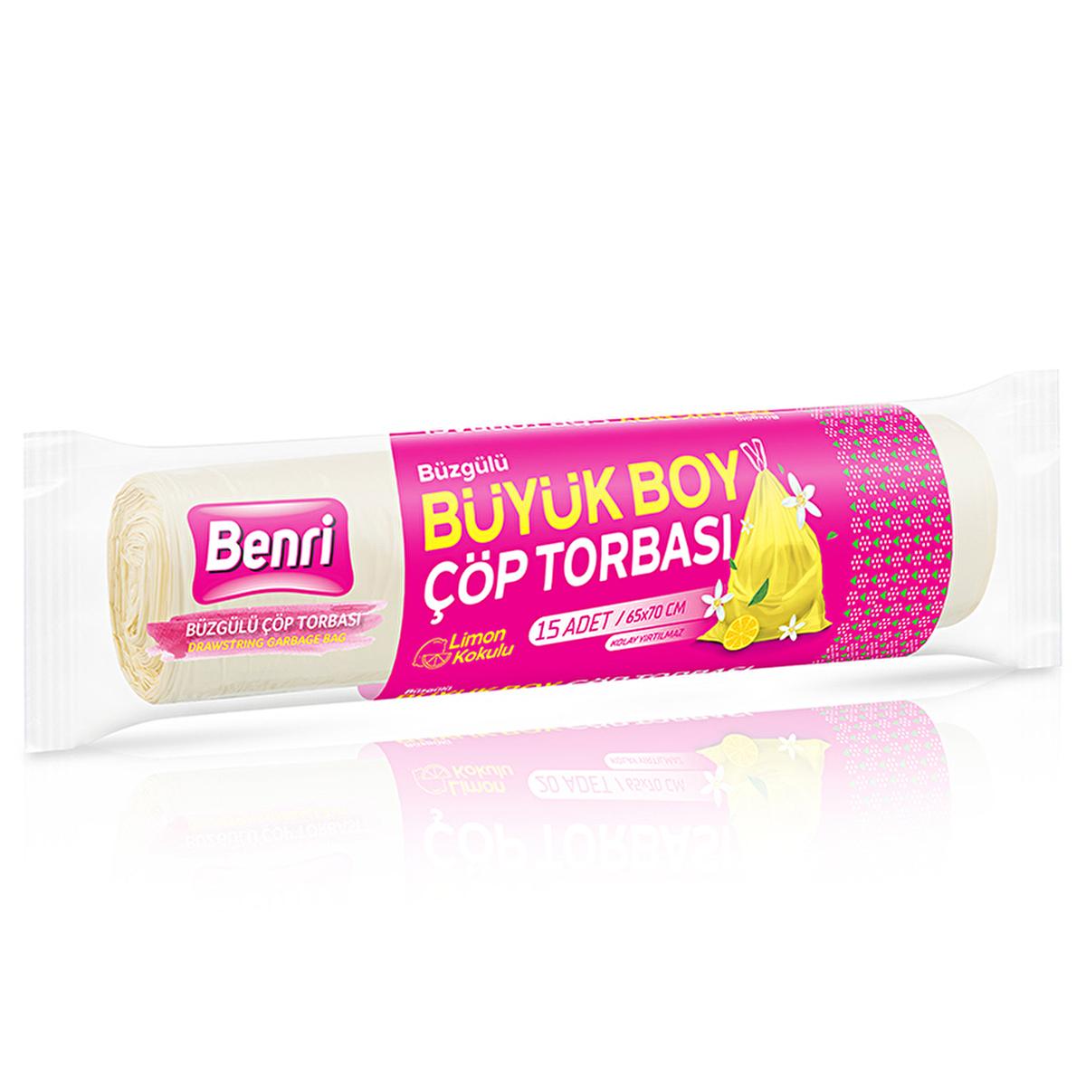 Benri Lemon Scented Trash Bags with Drawstring - Large Size, Pack of 15