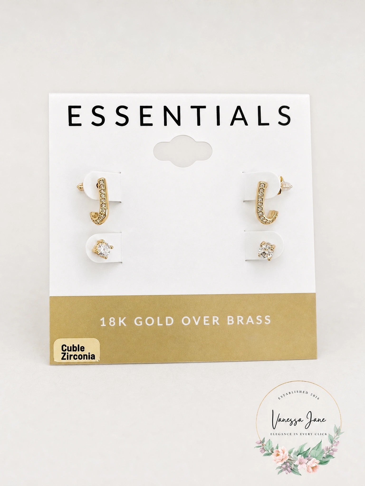 And Now This Cubic Zirconia Crystal Studs and J Hoop Duo Earring Set