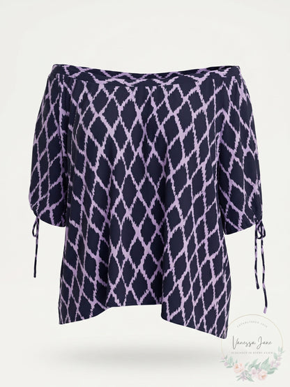 MICHAEL Michael Kors Womens Plus Ikat Ruffled Pullover Top, Navy ,Size 1X