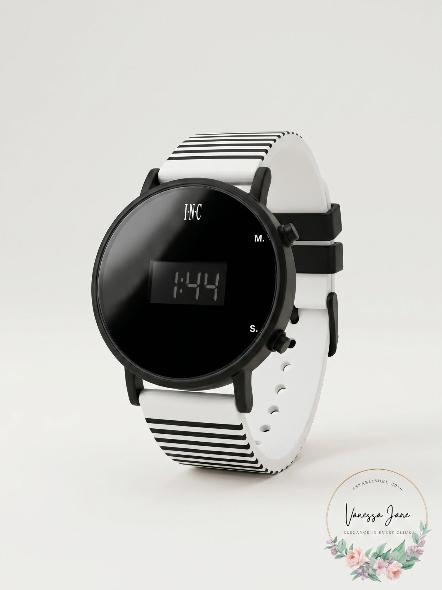 I.N.C. Womens White Striped Silicone Strap Watch 39mm