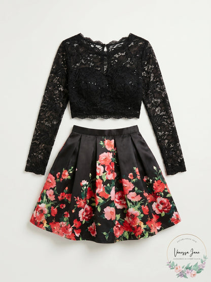 Juniors Sequin Hearts Long Sleeve 2pc. Lace/Floral Mikado Skirt, Size 11/12
