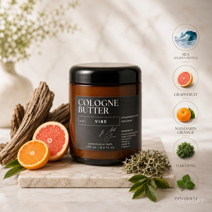 VIBE – Energizing Fragrance Body Butter | Grapefruit, Patchouli &amp; Oakmoss Cologne Scent Moisturizing Skin Butter | Cologne Butter