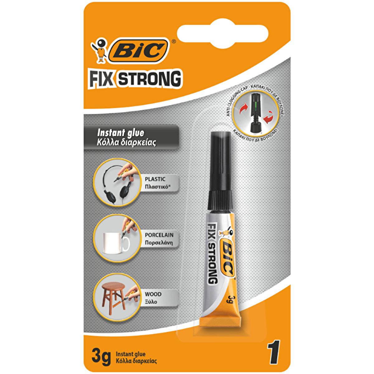 BIC Fix Strong Super Glue Adhesive - Instant Bonding for Plastic, Porcelain &amp; Wood - 3g Tube