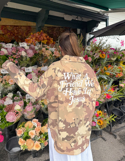 What a Friend in Jesus Camo Shacket