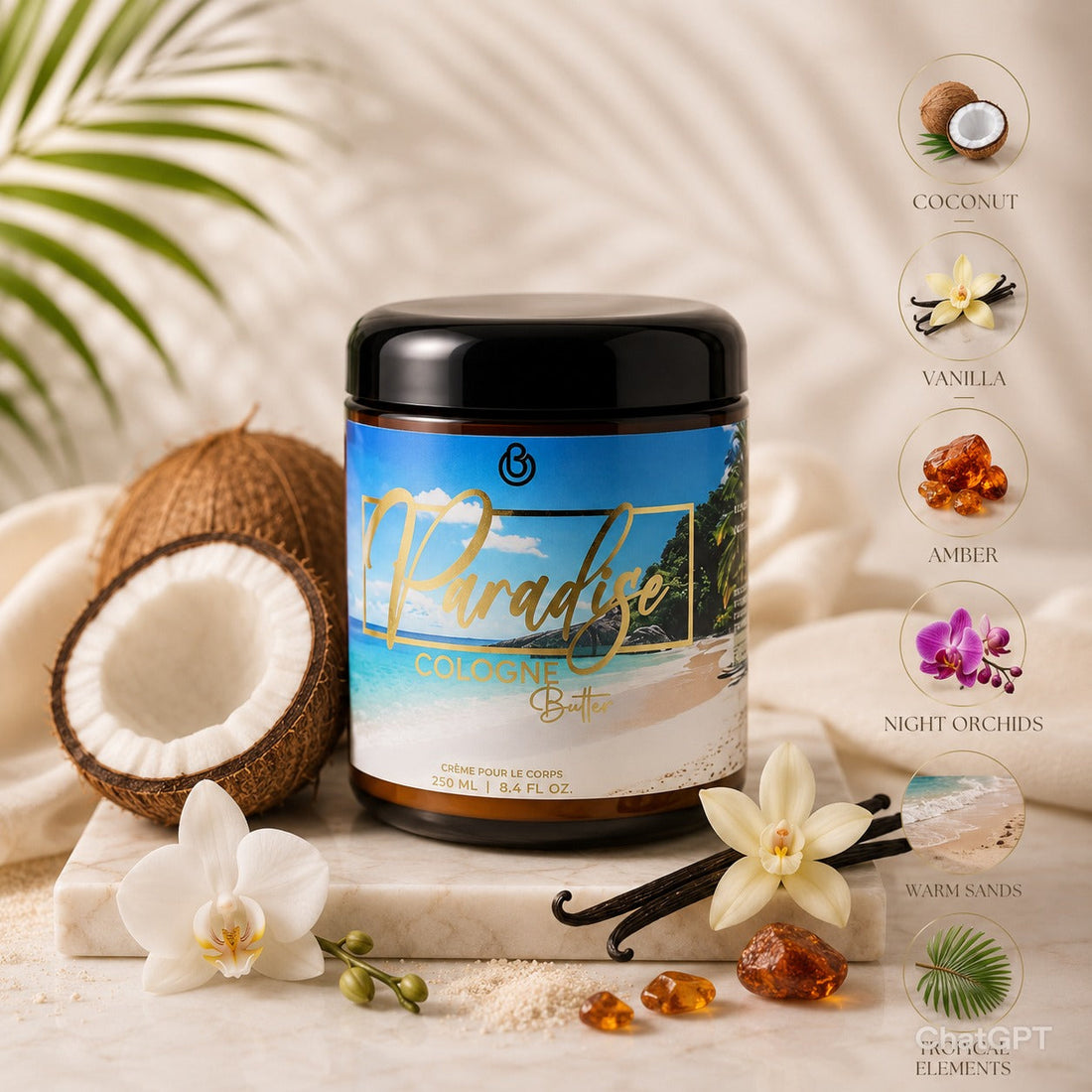 PARADISE – Luxury Fragrance Body Butter | Coconut, Vanilla &amp; Amber Cologne Scent Hydrating Skin Butter | Cologne Butter